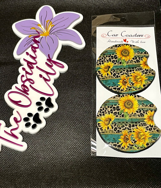 Neoprene Sunflower Cheetah Car Coasters - Set of 2