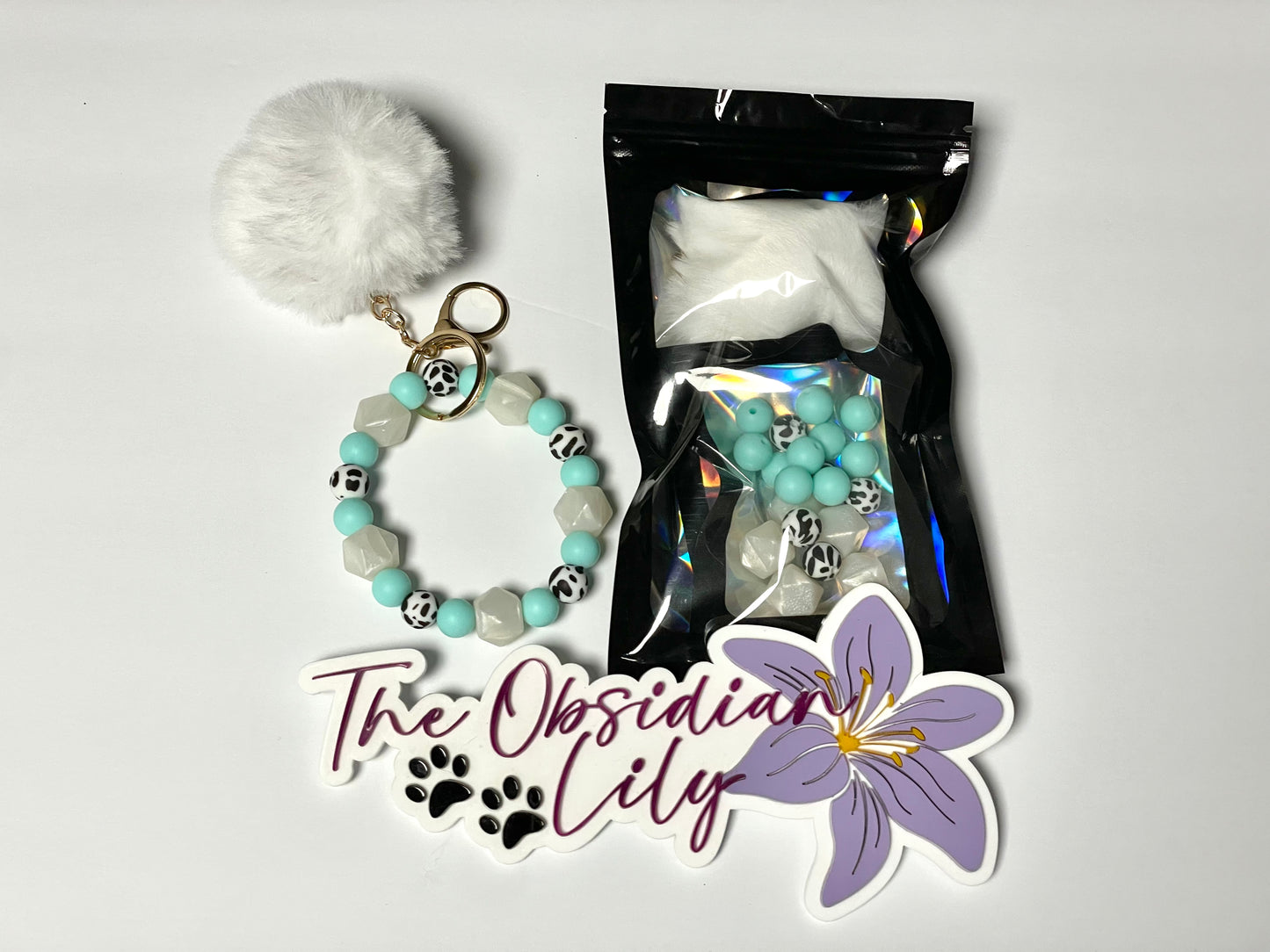 Pearlescent White, Mint, and Cow Print DIY Wristlet Kit