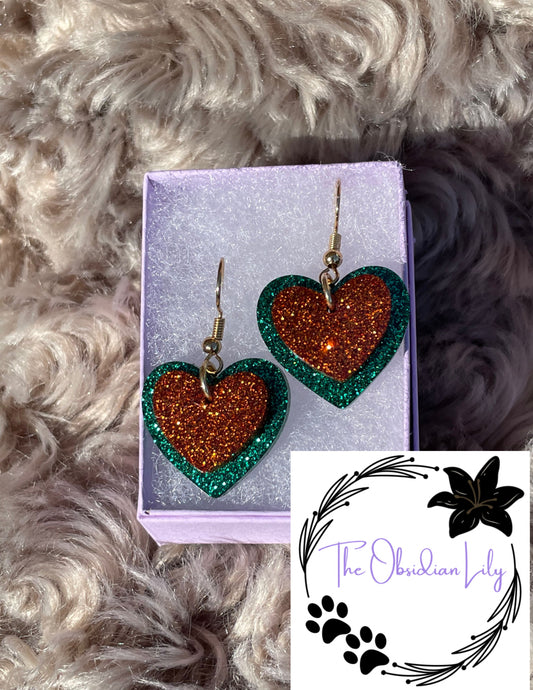 Emerald/Harvest Orange Heart Dangles