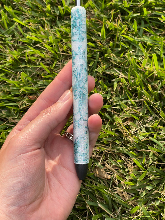 Blue Floral Glitter Pen